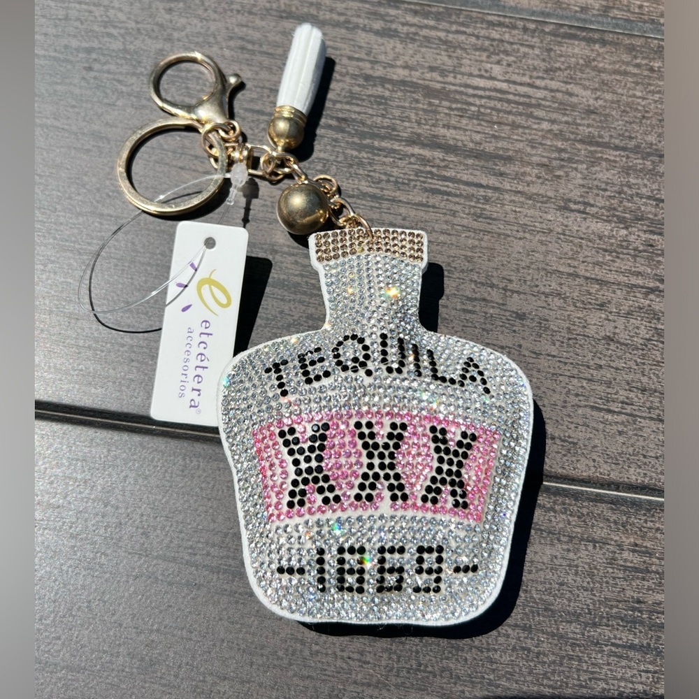 Key Ring/Fob- TEQUILA BOTTLE- silver black pink- 1869 Rhinestones NWT